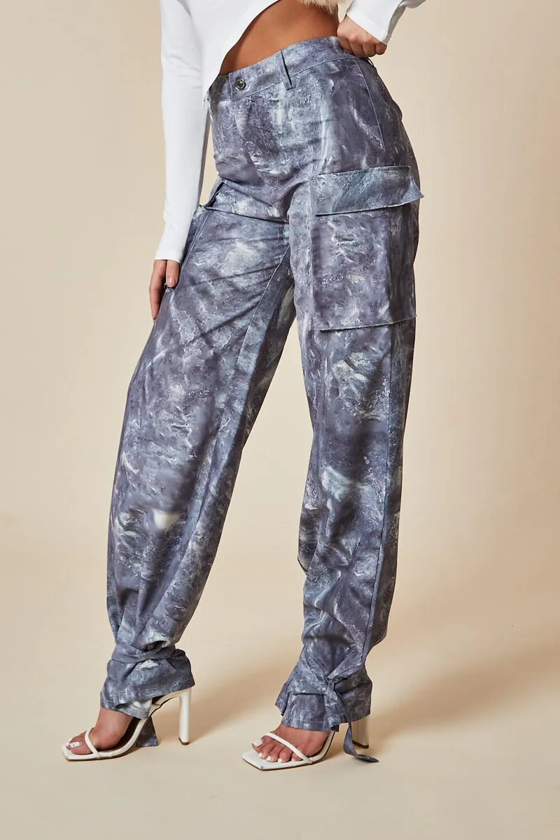 Grey Abstract Print Tie Hem Cargo Trousers - Fern