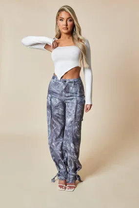 Grey Abstract Print Tie Hem Cargo Trousers - Fern