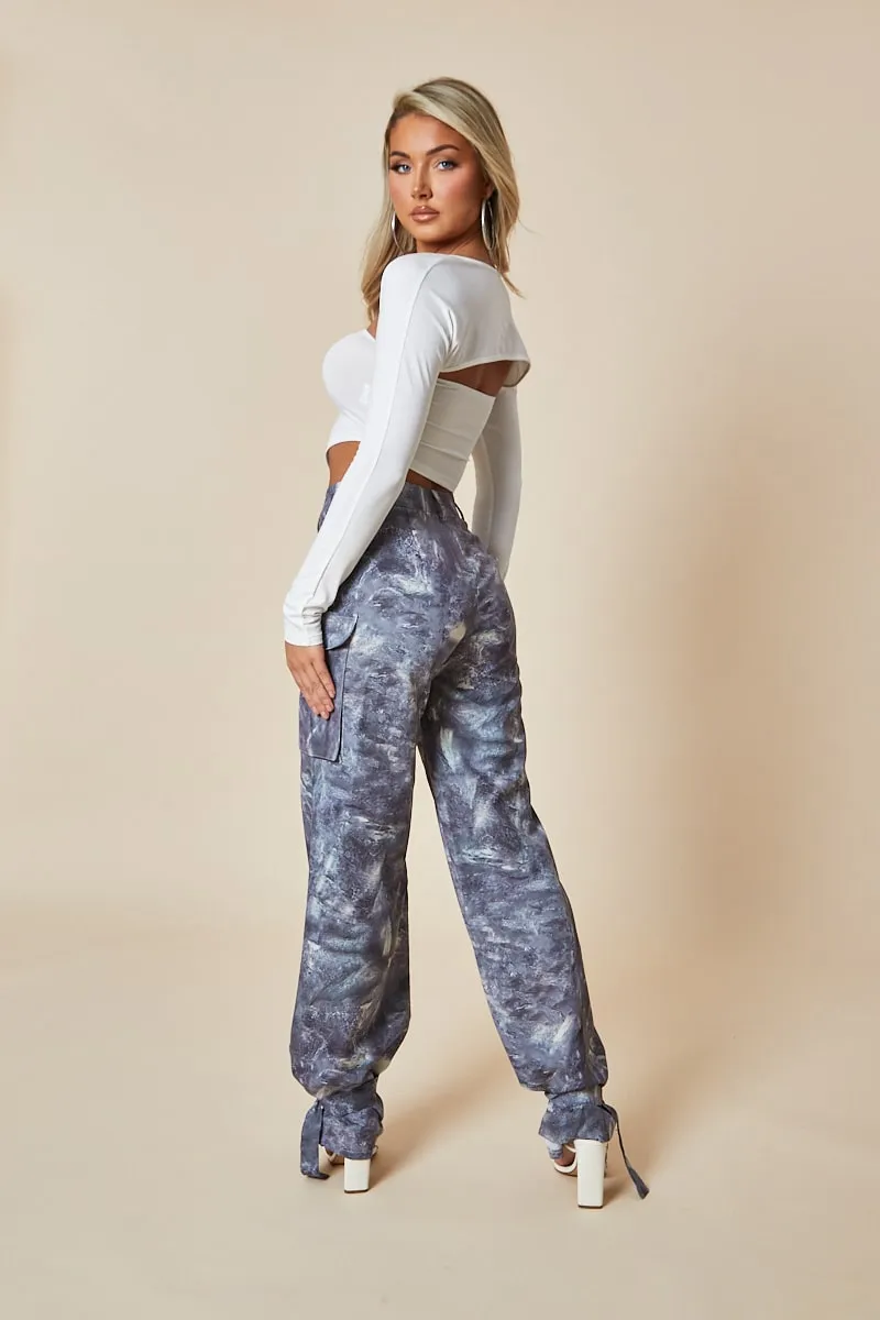 Grey Abstract Print Tie Hem Cargo Trousers - Fern