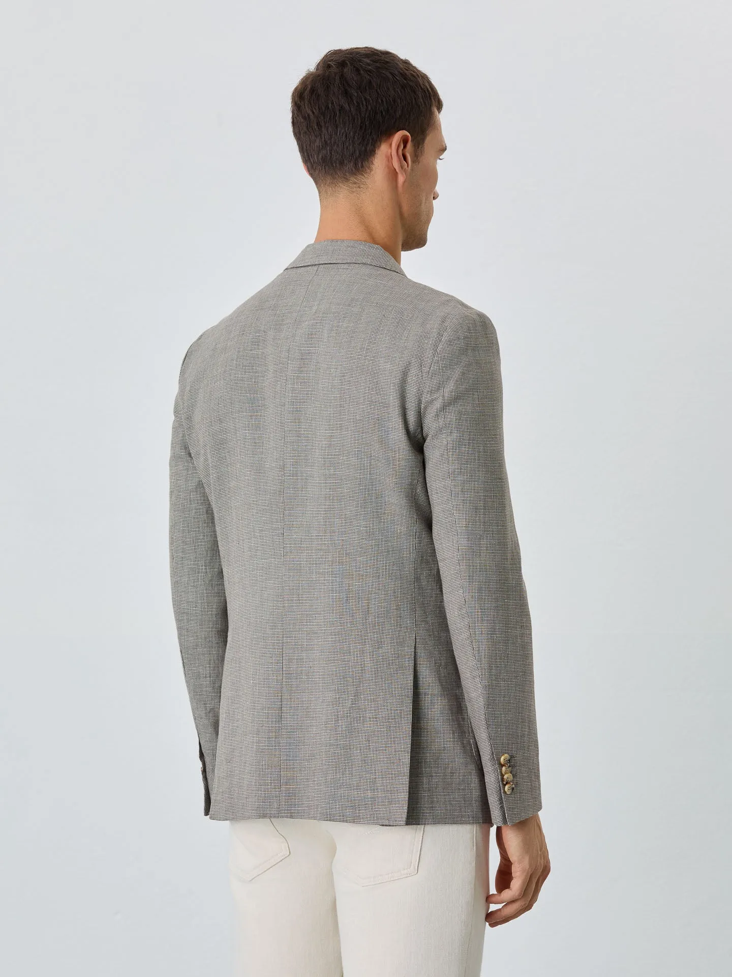 Half-Canvas Micro Houndstooth Blazer With Patch Pockets In Linen