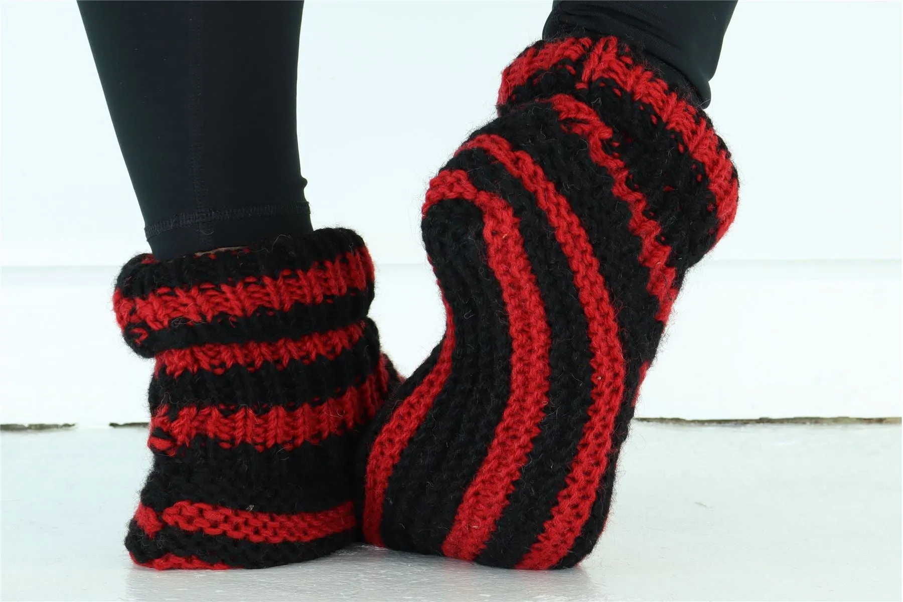 Hand Knitted Wool Slipper Socks - Stripe Red Black