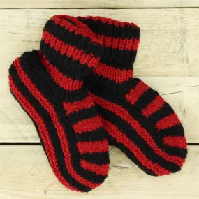 Hand Knitted Wool Slipper Socks - Stripe Red Black