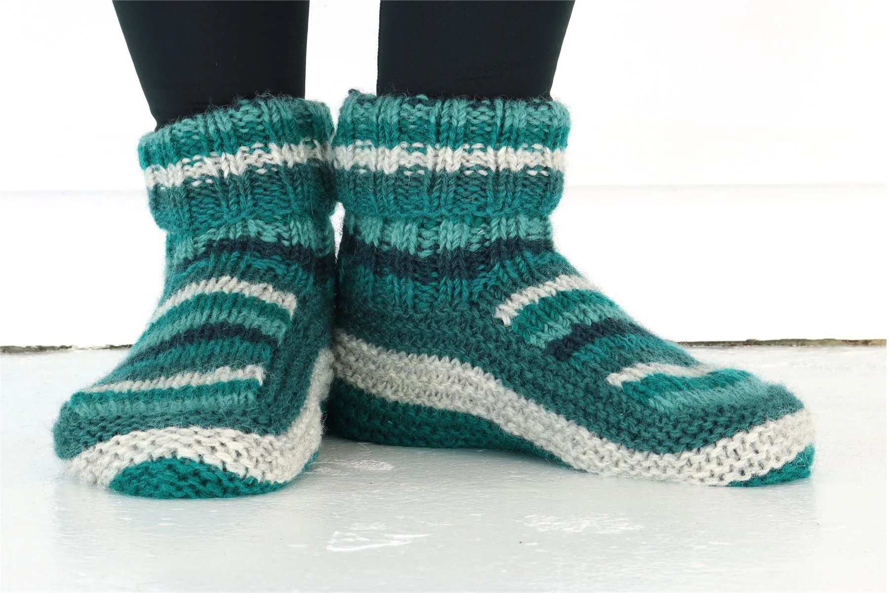 Hand Knitted Wool Slipper Socks - Stripe Teal