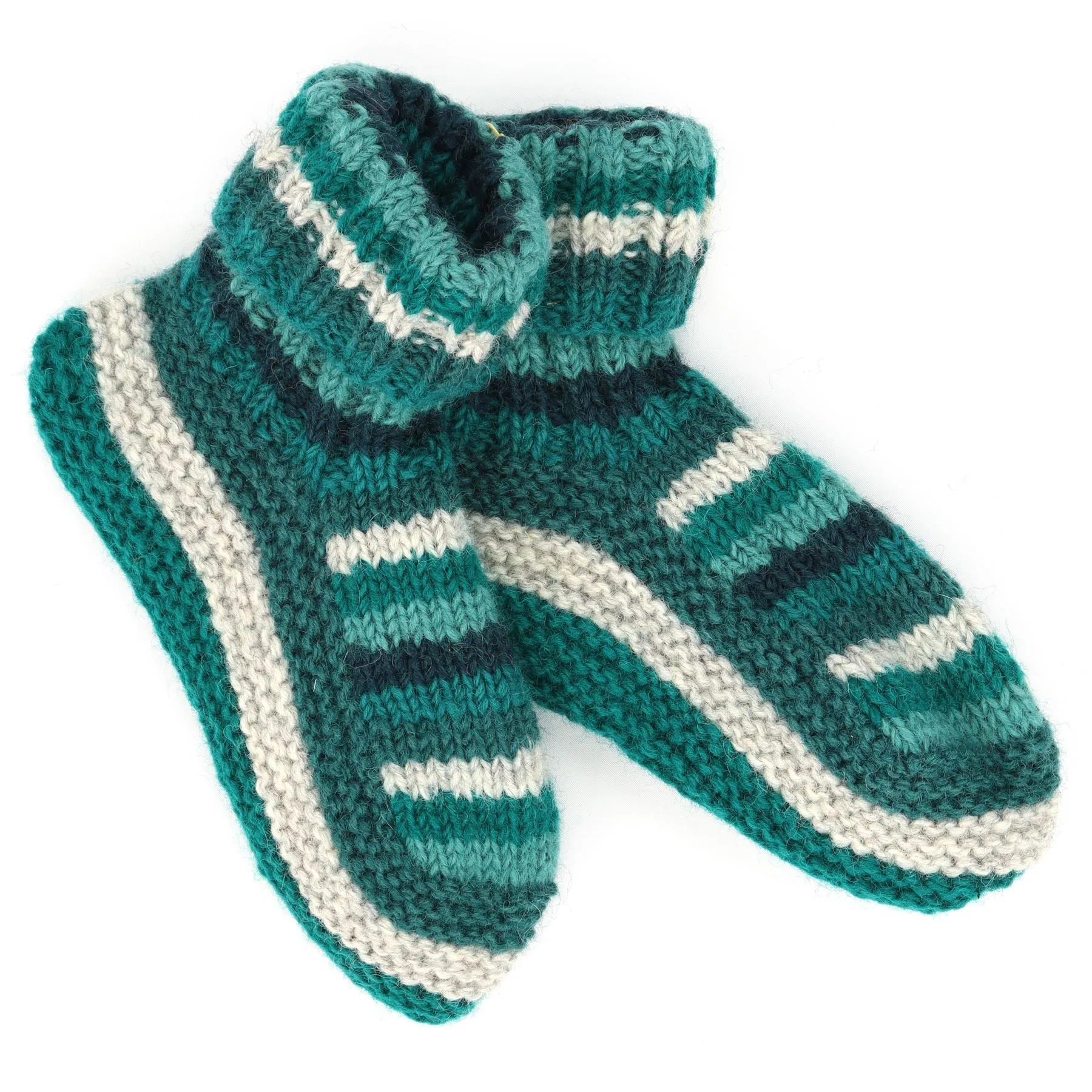 Hand Knitted Wool Slipper Socks - Stripe Teal