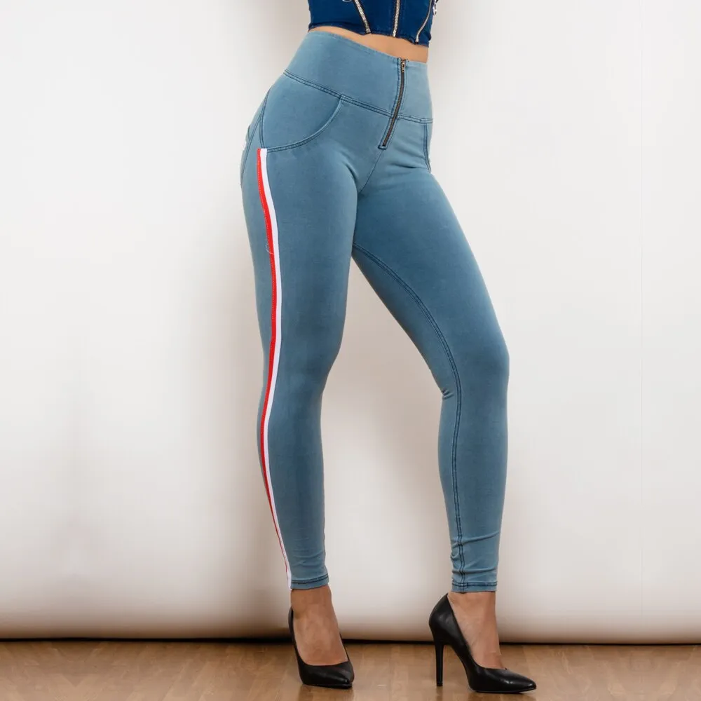 High Waist Dark Thread Light Blue Jeans with Stripe