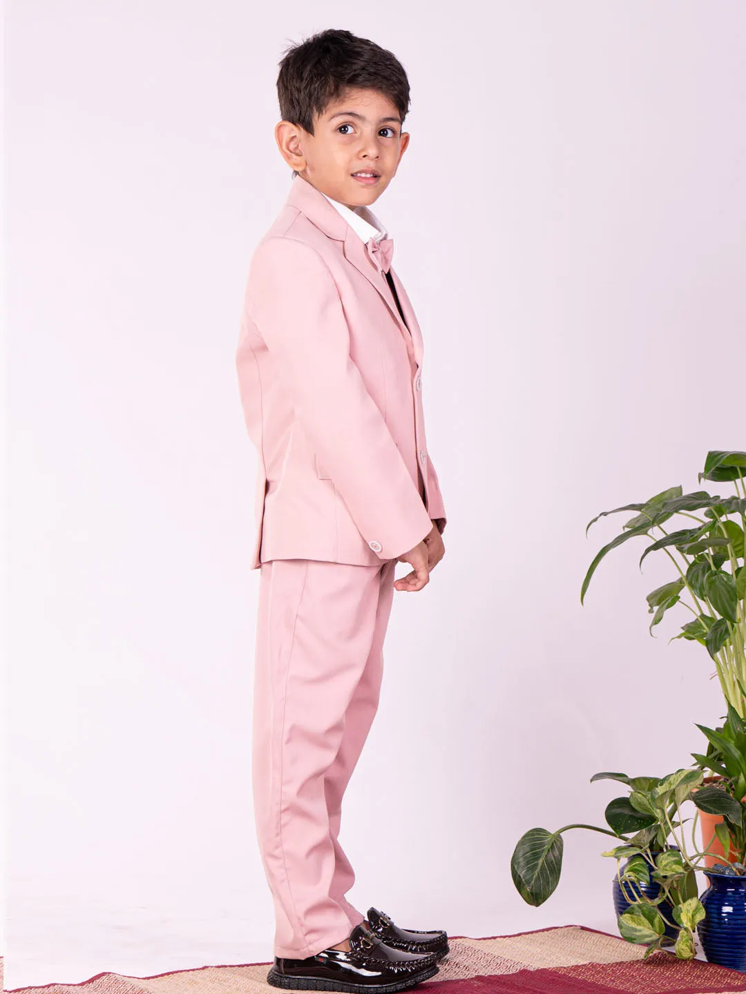 Jashvi Boys' White And Pink Shirt Blazer Waist Coat And Pant