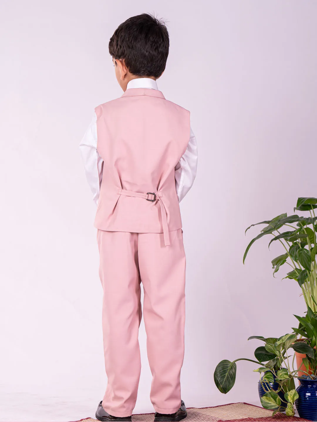 Jashvi Boys' White And Pink Shirt Blazer Waist Coat And Pant