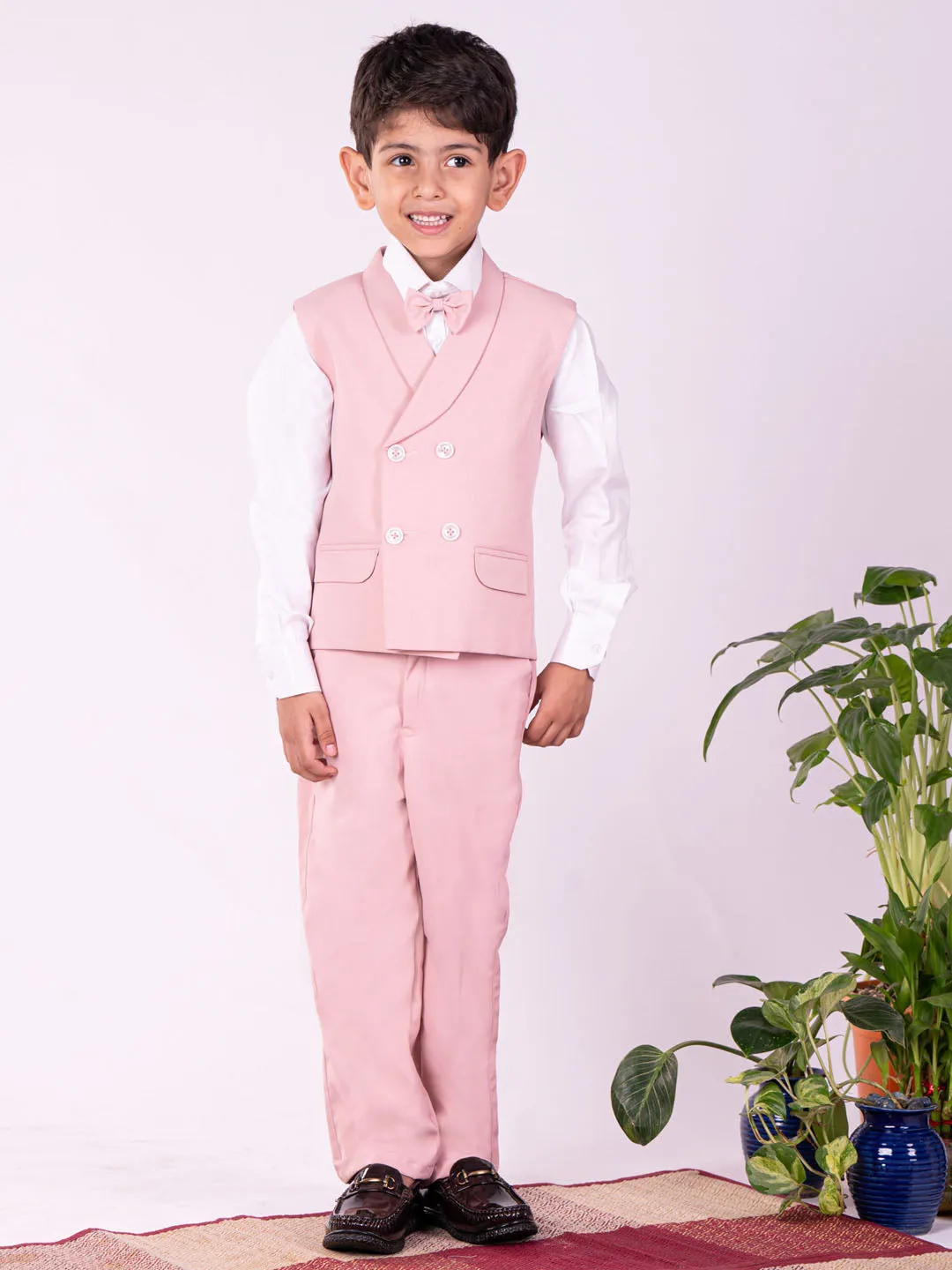 Jashvi Boys' White And Pink Shirt Blazer Waist Coat And Pant