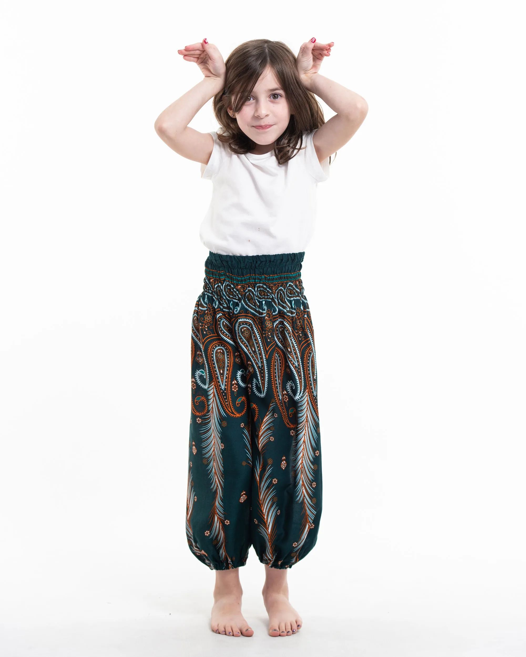 Kids Paisley Feathers Harem  Pants in Green