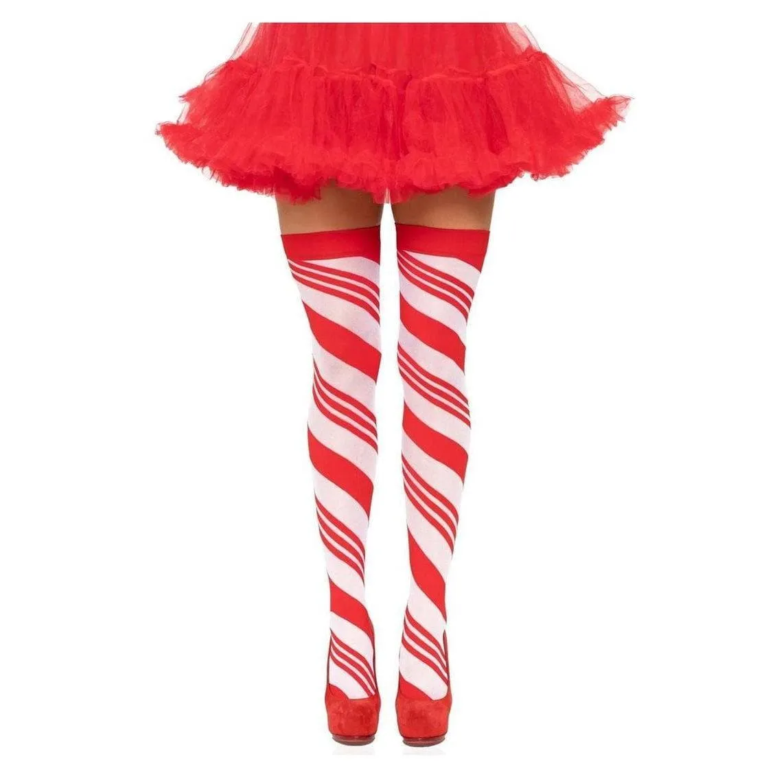 Leg Avenue Spandex Sheer Candy Cane Striped Thigh Highs One Size Red/White