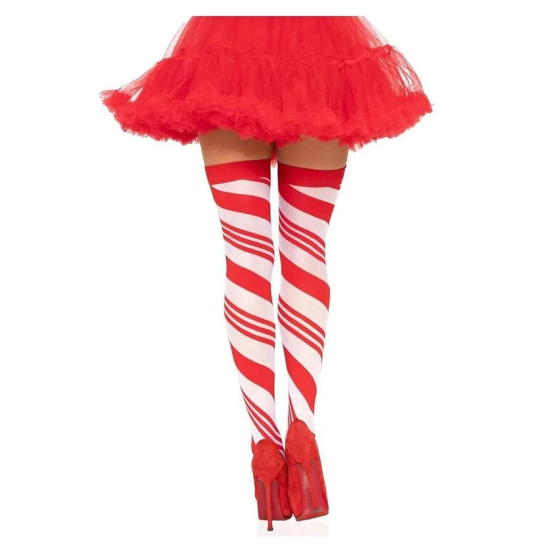 Leg Avenue Spandex Sheer Candy Cane Striped Thigh Highs One Size Red/White