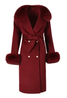 LONDON Burgundy Cashmere Coat with Fox Fur