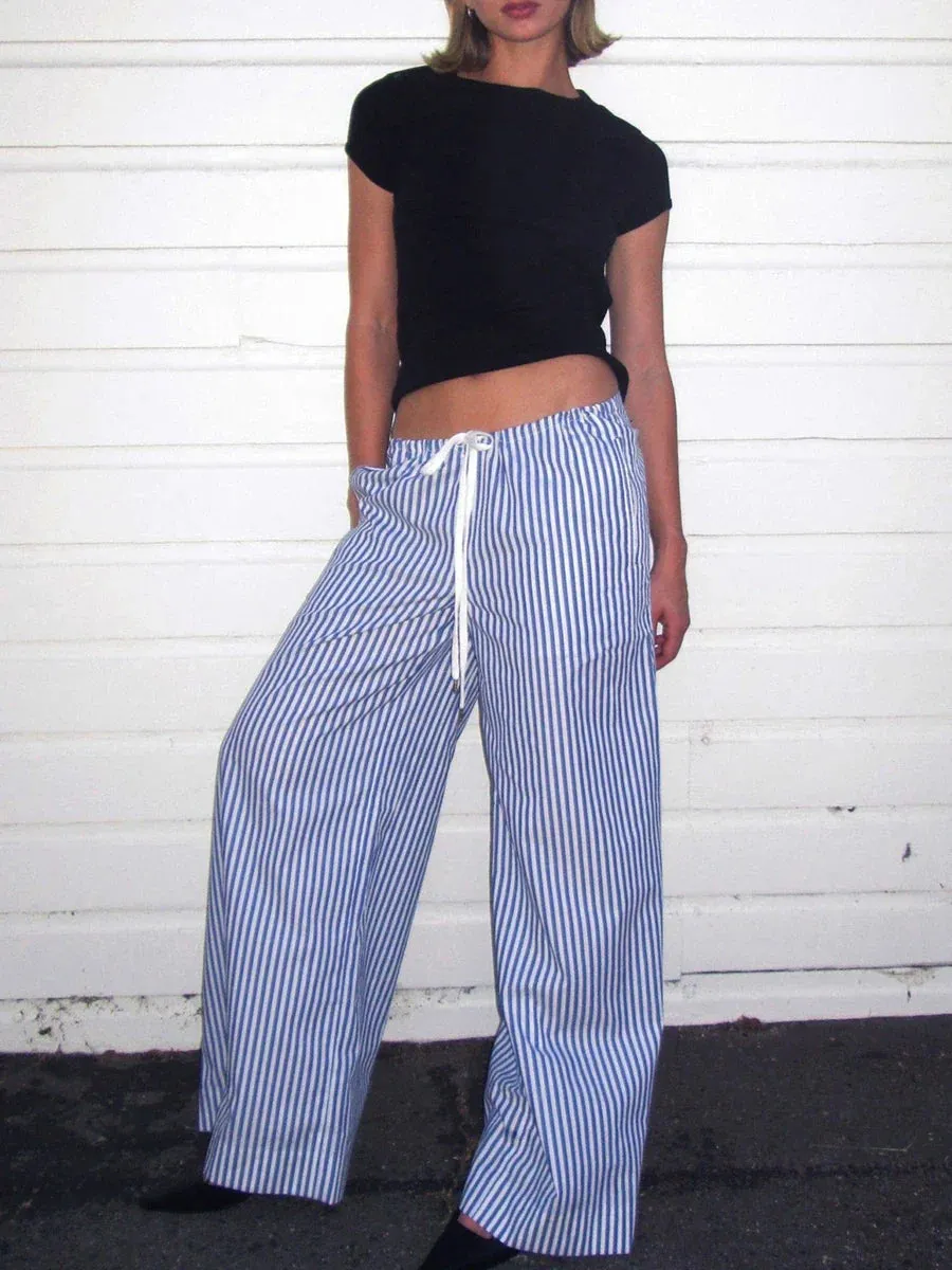 Long Casual Loose Elastic Wide Pocketed Lounge Streetwear Stripe Pants