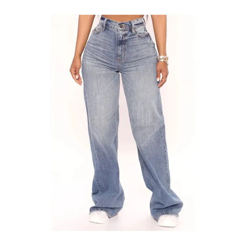 Loose Zipper Fly High Waist Washed Denim Jeans