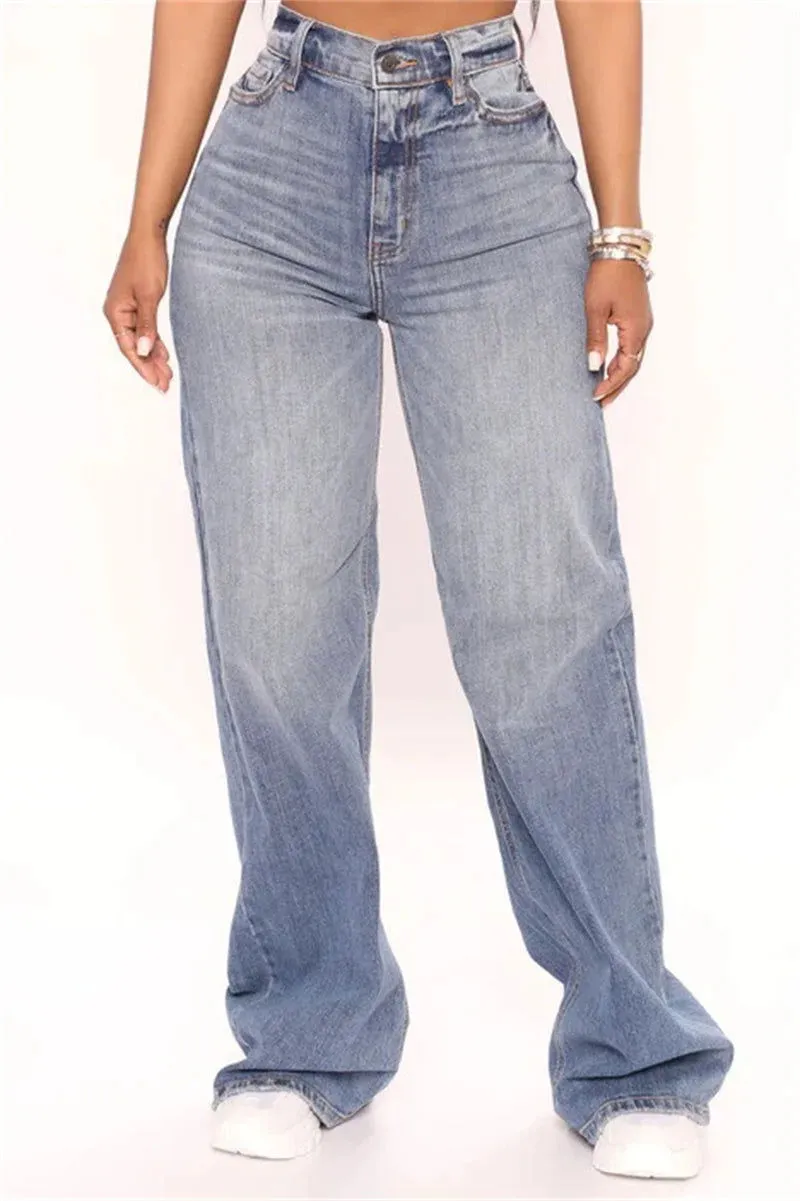 Loose Zipper Fly High Waist Washed Denim Jeans