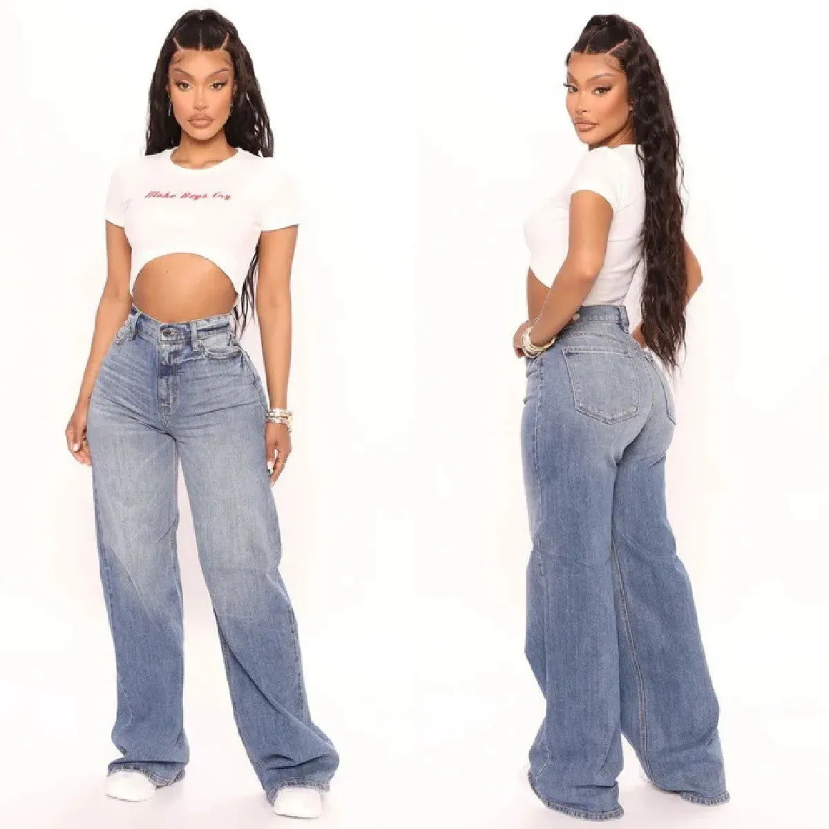 Loose Zipper Fly High Waist Washed Denim Jeans