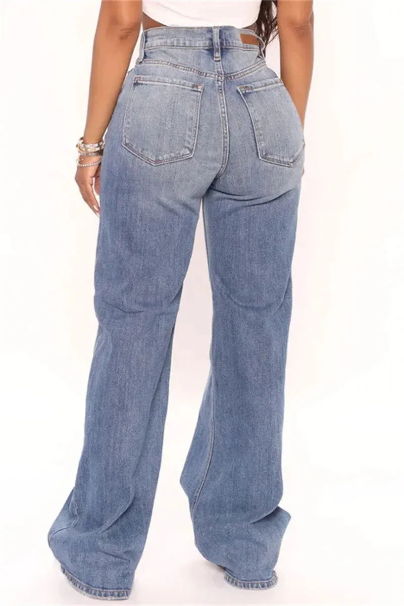 Loose Zipper Fly High Waist Washed Denim Jeans