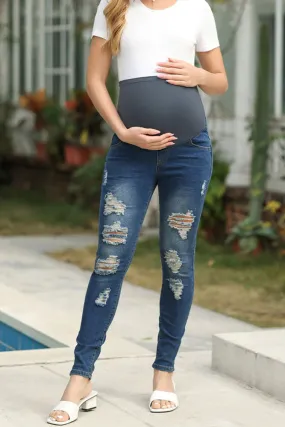 Maacie Blue Women Maternity Scratched Jeans High Waist Whole Pregnancy Denim Pants