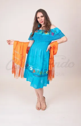 Mexican Campesina Midi Dress Blue