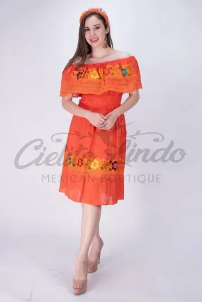 Mexican Campesina Midi Dress Orange