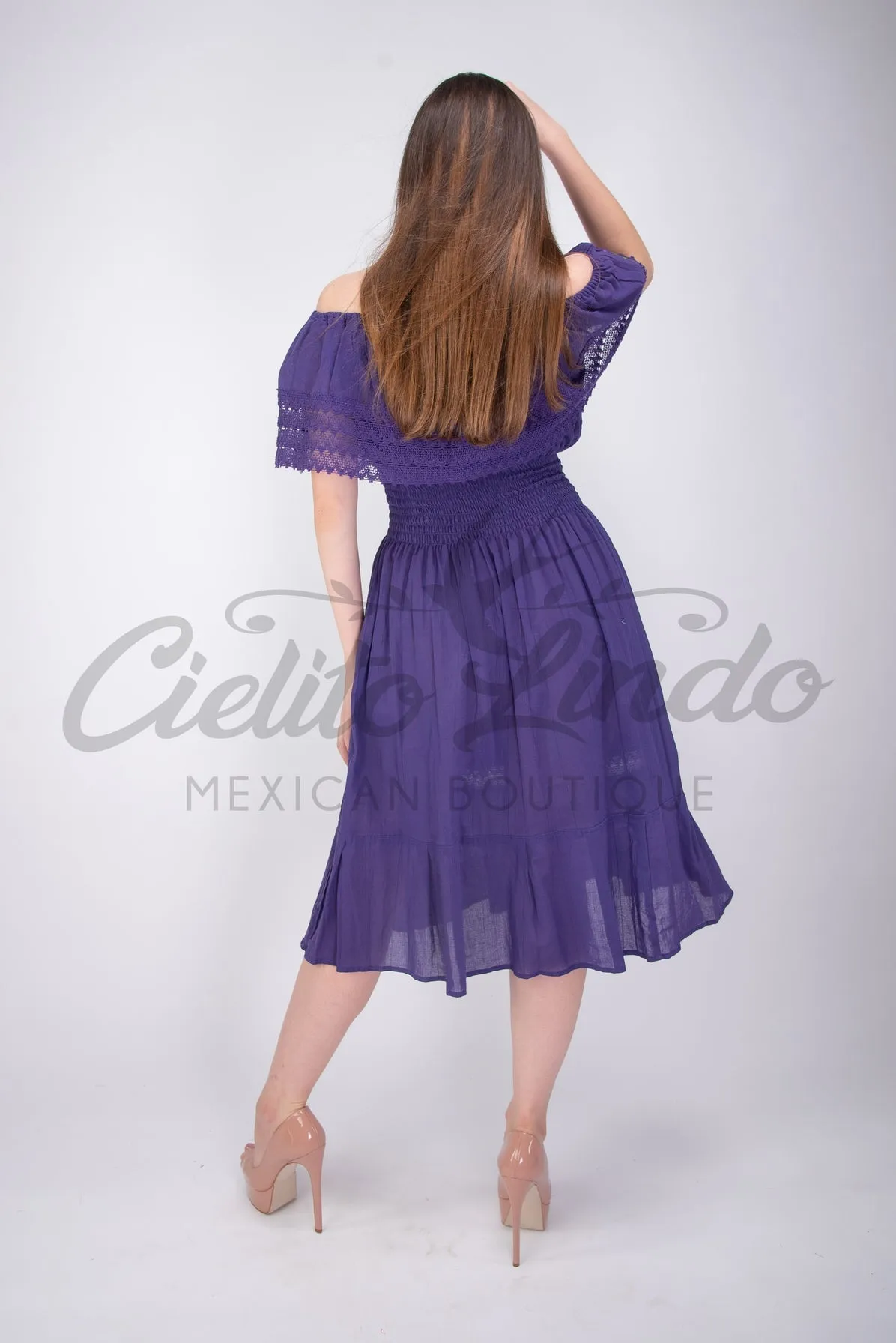 Mexican Campesina Midi Dress Purple