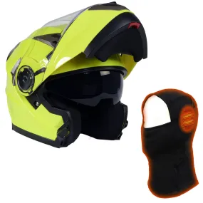 Milwaukee Helmets MPH9809DOT 'Ionized' Neon Yellow Modular Helmet for Men and Women Biker w/ MP7922FMSET Heated Balaclava Bundle