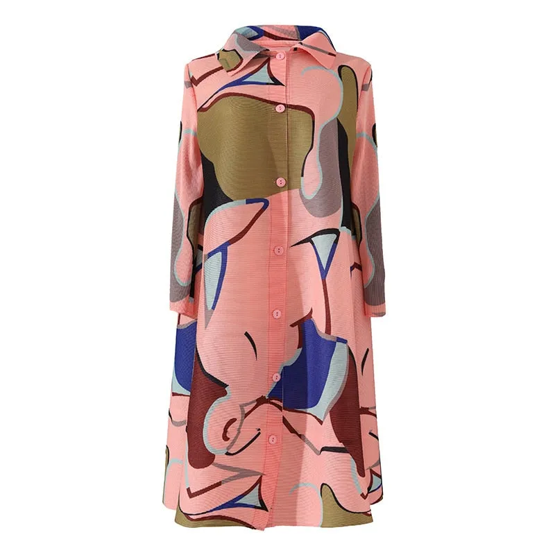 Miyake Pleated Printed Turn-down Collar Mini Dress