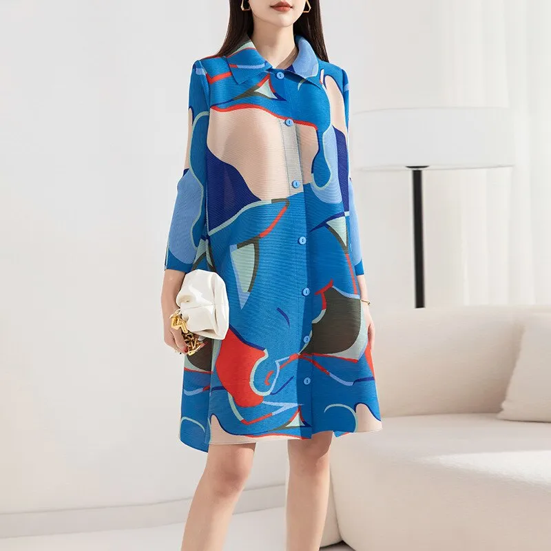 Miyake Pleated Printed Turn-down Collar Mini Dress