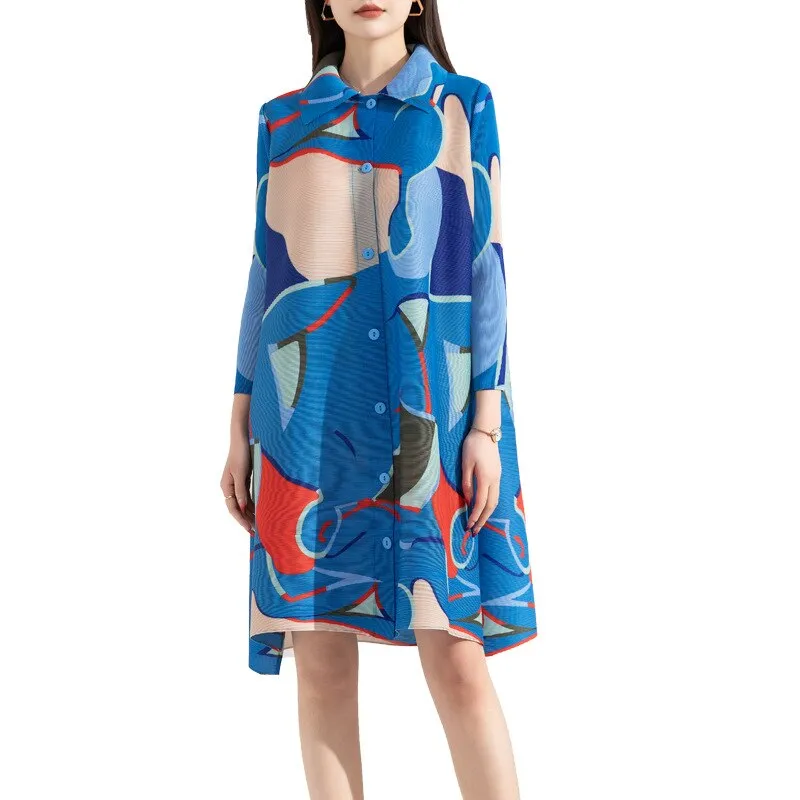 Miyake Pleated Printed Turn-down Collar Mini Dress