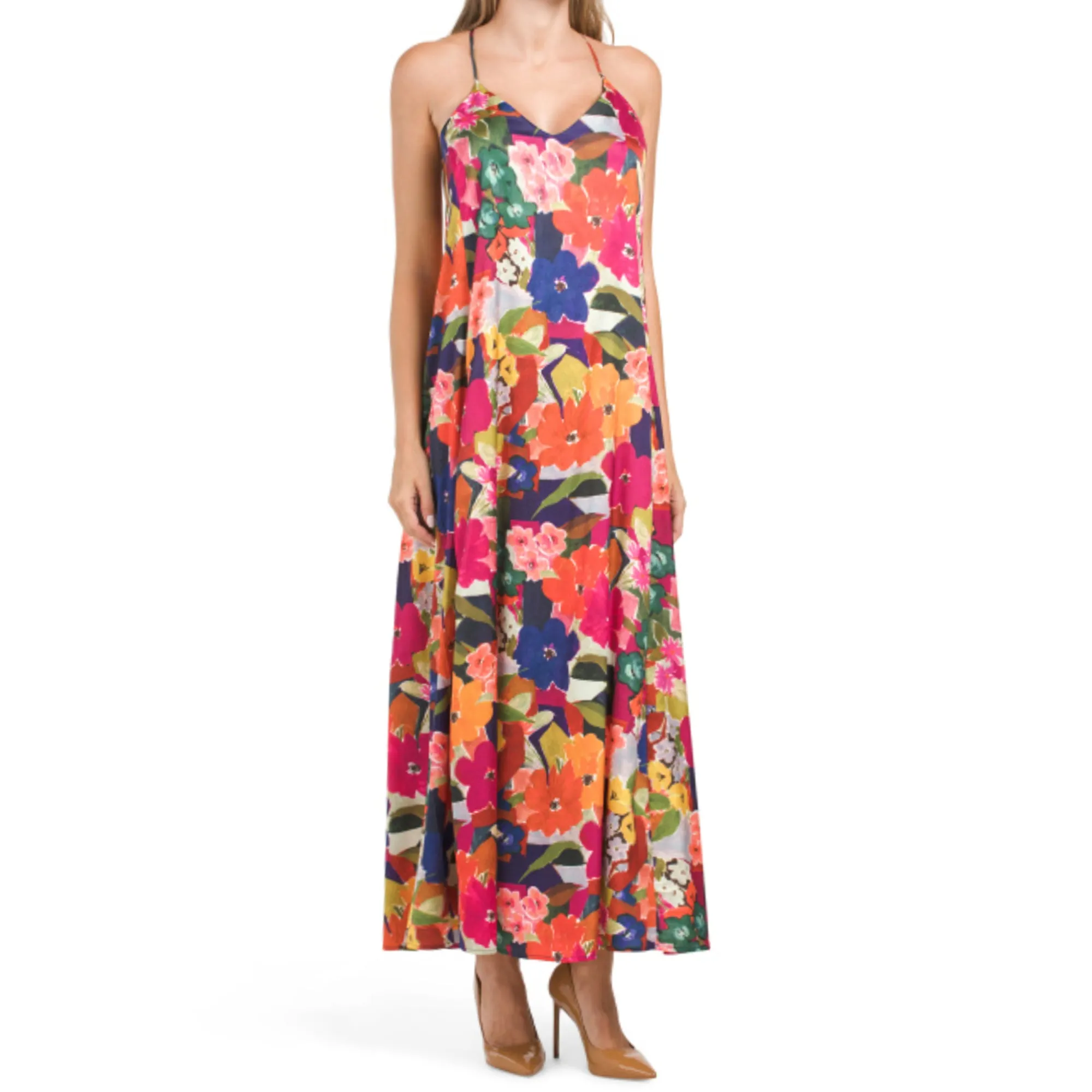 Nicole Miller Abstract Floral Print Slip on Satin Maxi Dress