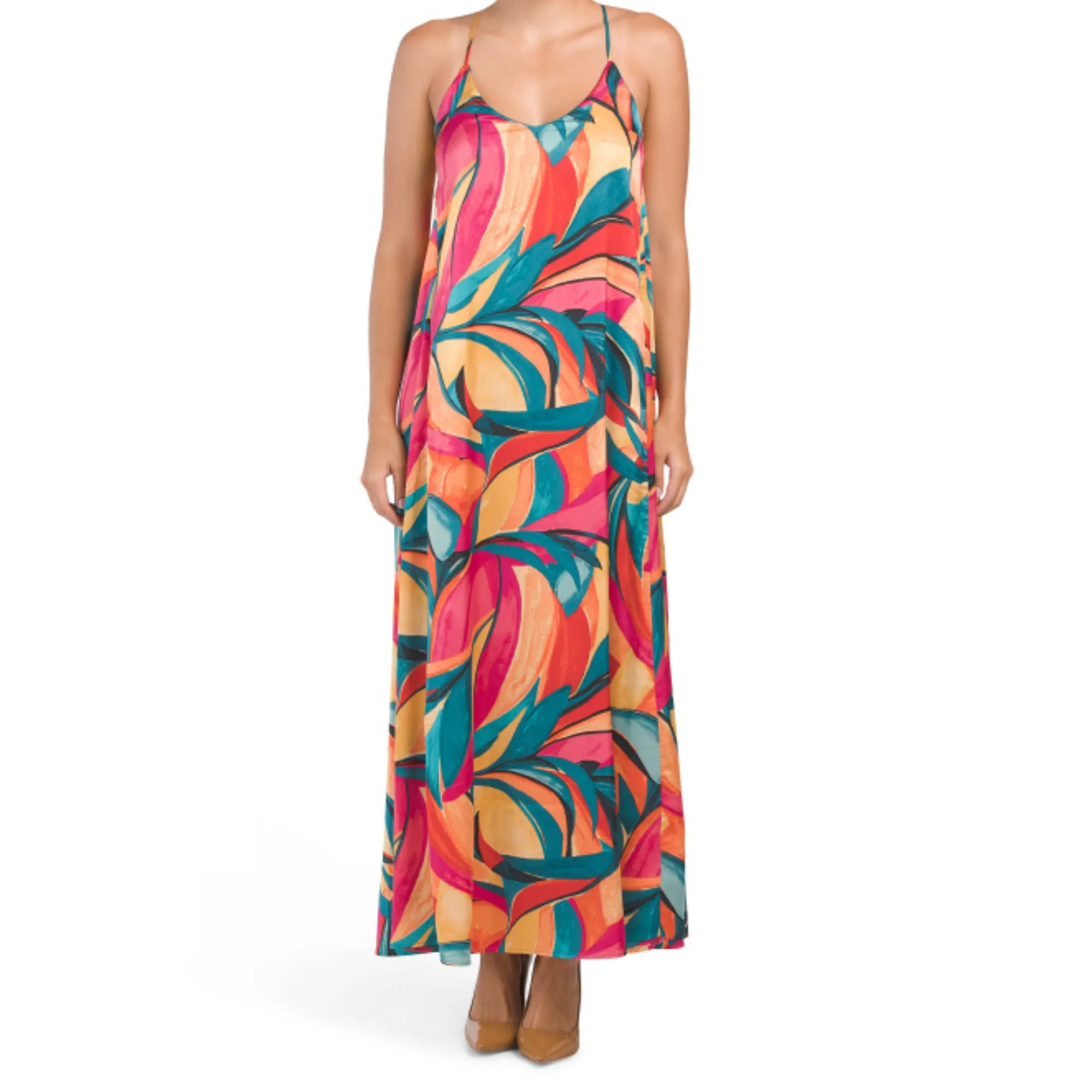 Nicole Miller Abstract Floral Print Slip on Satin Maxi Dress