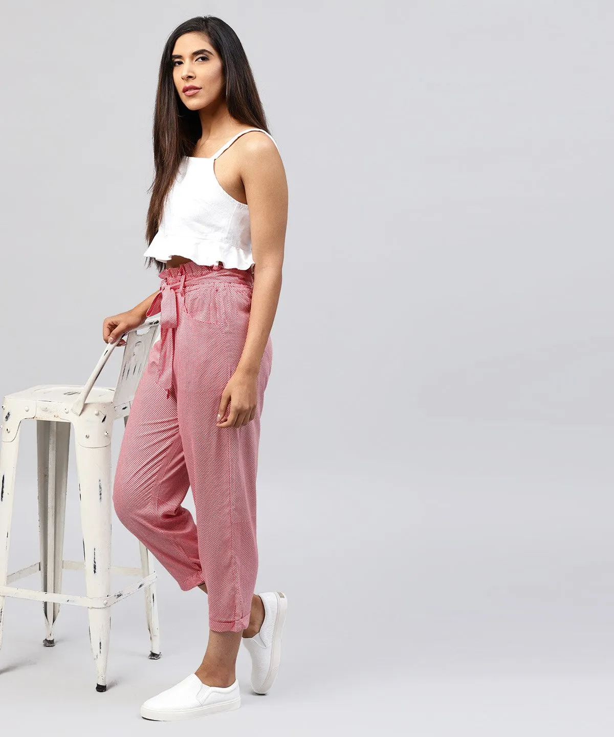 Peach Cotton Regular Fit Trouser With Belt