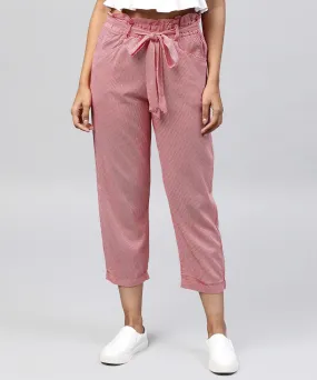 Peach Cotton Regular Fit Trouser With Belt