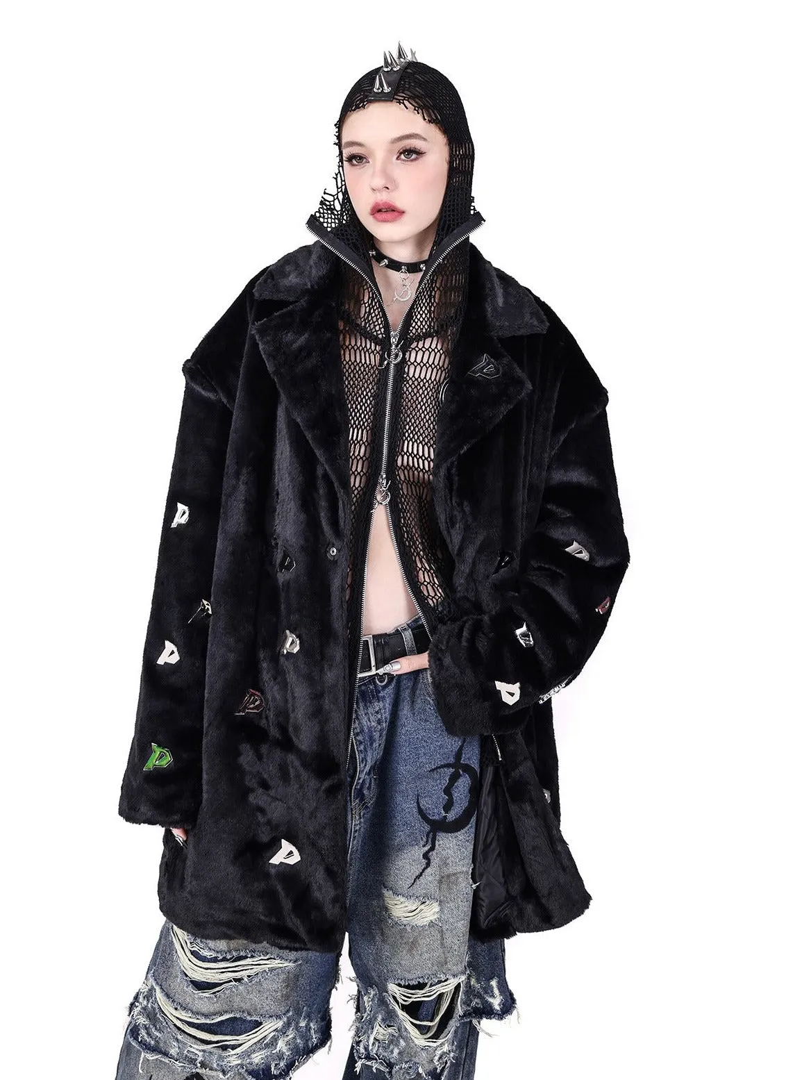 PINKSPINK Embroidered Ghost Faux Fur Coat - Black