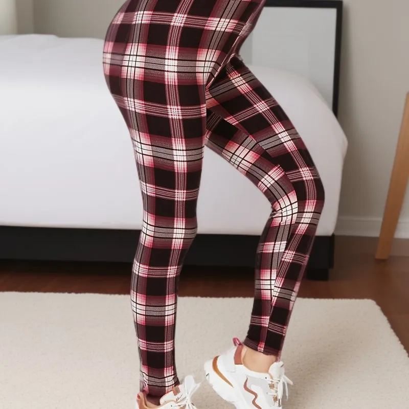 Plaid Print High Waist Leggings for Womens Fashion