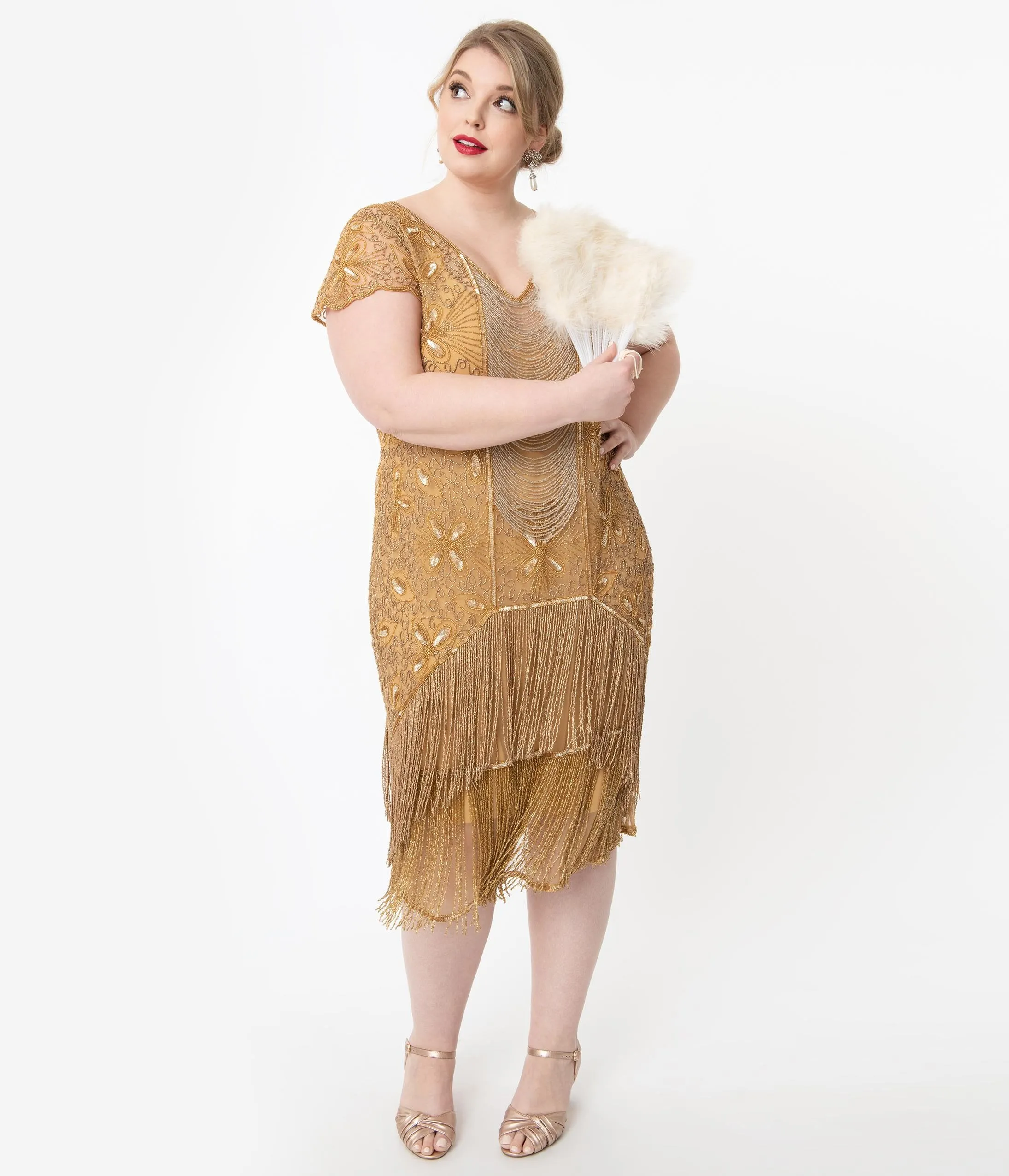 Plus Size 1920s Style Gold Beaded Edith Flapper Dress