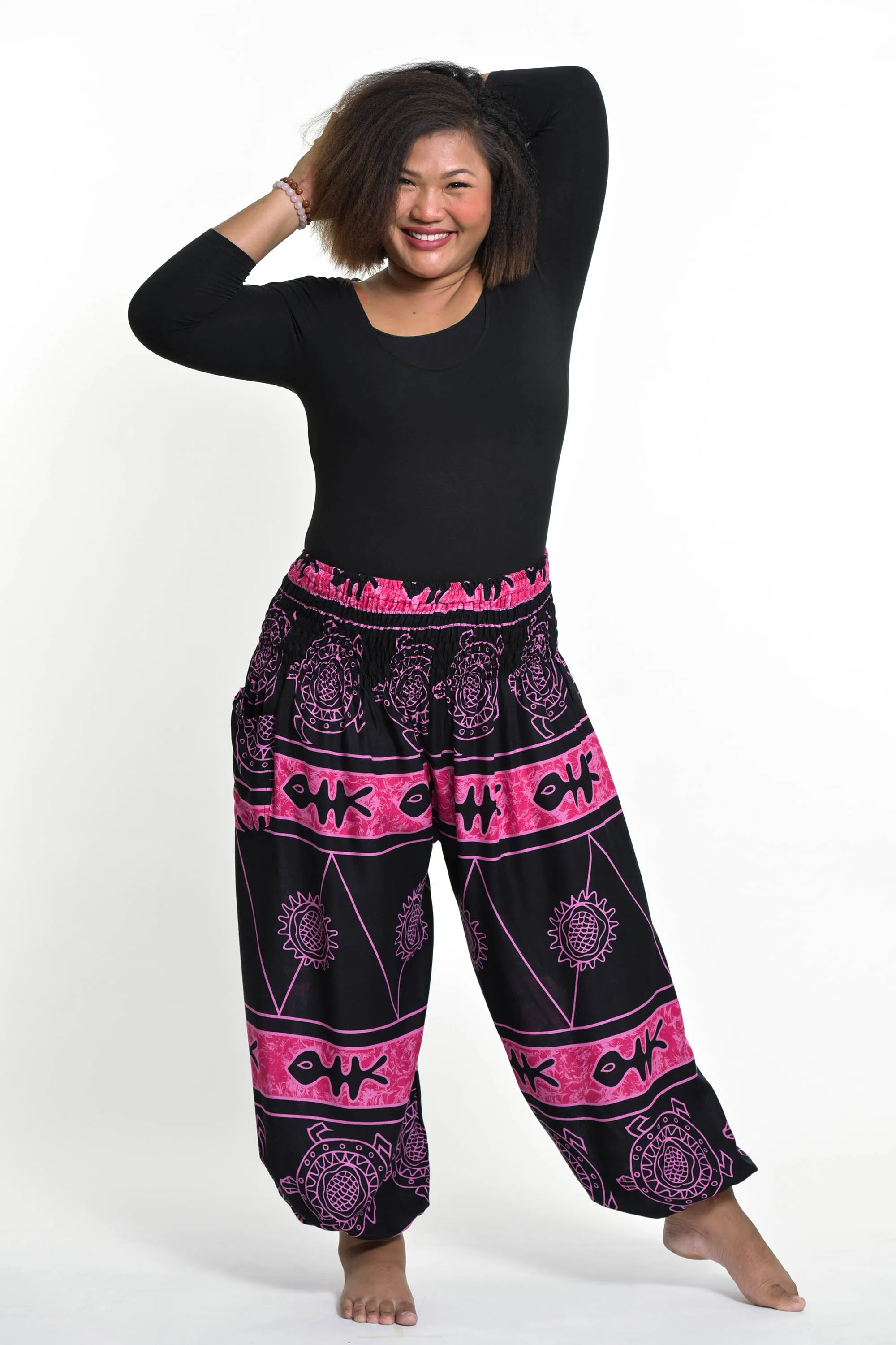 Plus Size Unisex Turtle Print Harem Pants in Pink