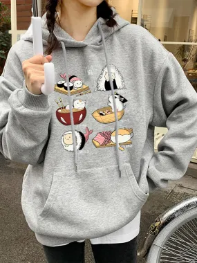 Printed Hoody Women Loose Fleece Sweatshirt Casual O-Neck Female Streetwear