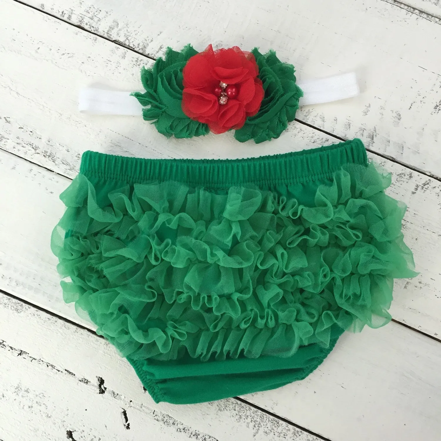 Red/White/Green Chevron leg warmers, matching headband, green ruffle bottom bloomers