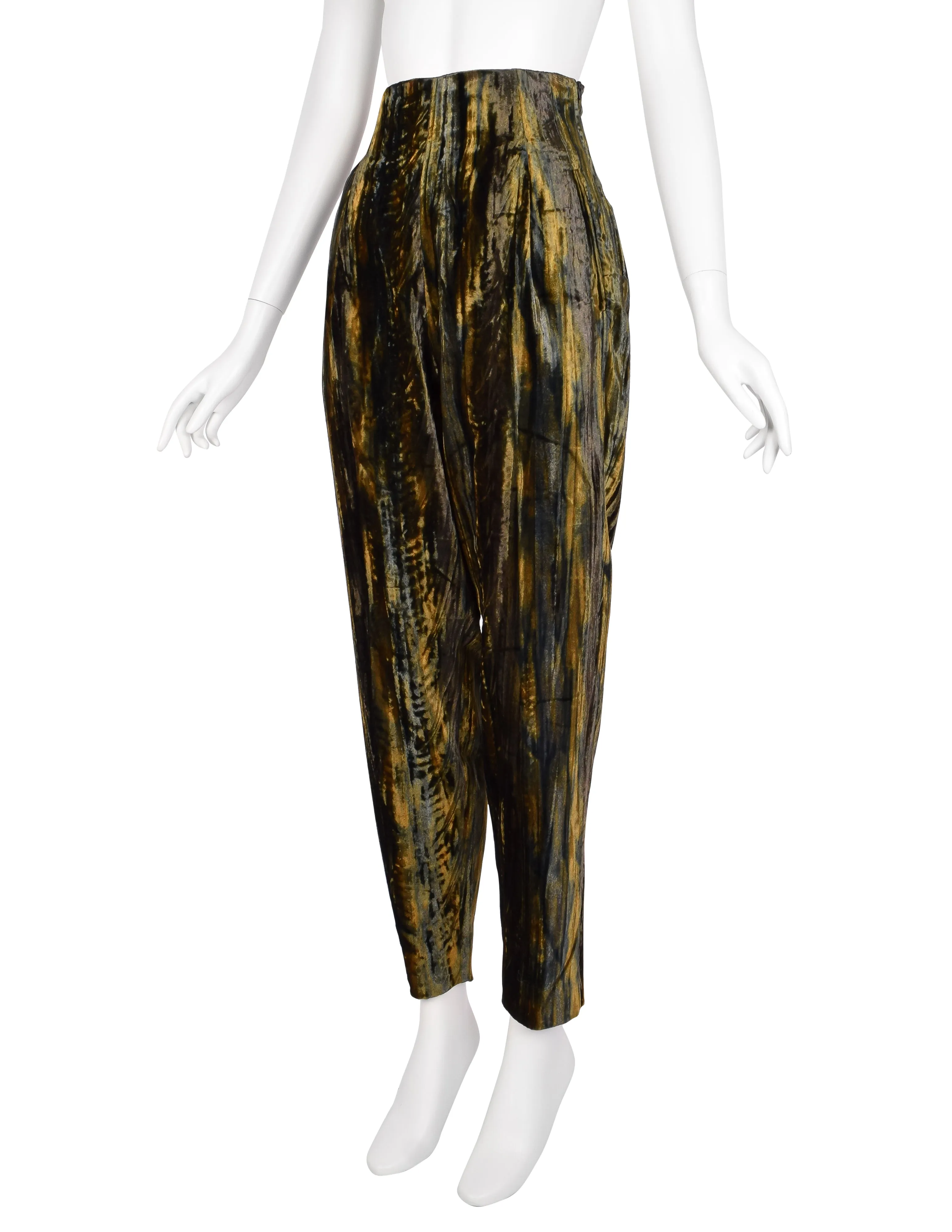 Romeo Gigli Vintage AW 1990 Green Painterly Crushed Velvet High Waist Pants