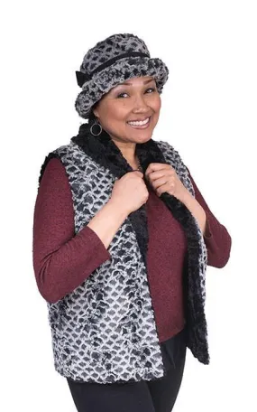 Shawl Collar Vest, Reversible less pockets - Luxury Faux Fur in Snow Owl with Cuddly Fur in Black - One Large Left!