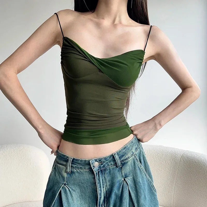 Streetwear Twisted Skinny Summer Mesh Top Slip Casual Folds Contrast Color Sexy Women Camis Tops Korean Hot Outfits