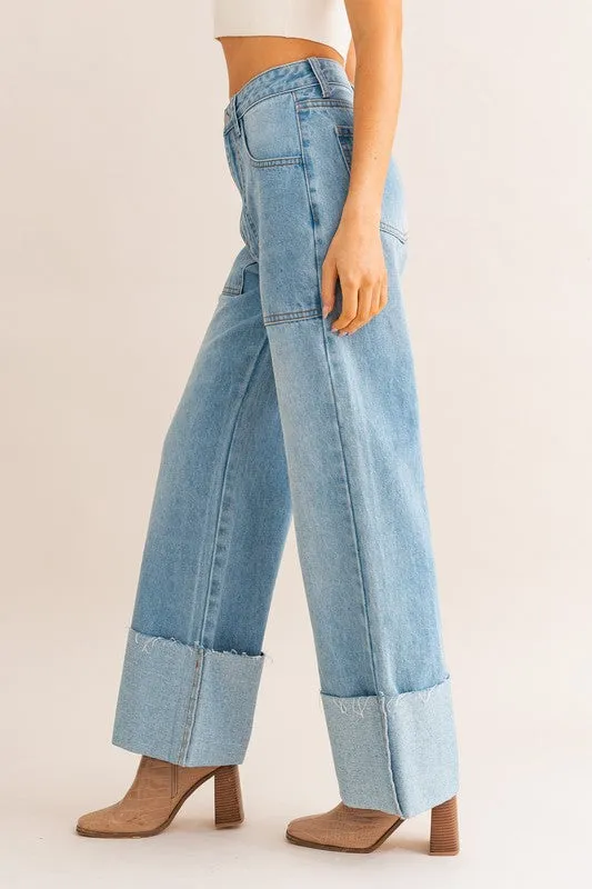 TEEK - Light Denim High-Waisted Wide Leg Cuffed Jeans