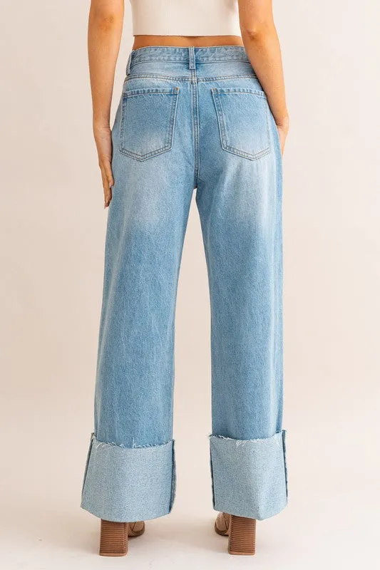 TEEK - Light Denim High-Waisted Wide Leg Cuffed Jeans