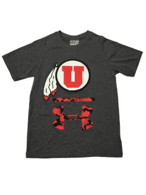 Utah Utes Under Armour YOUTH Gray with Red & Black Camo Logo SS T-Shirt (M)