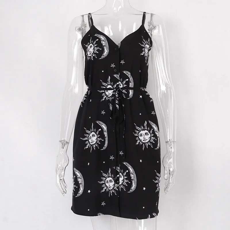 VenusFox Women Black Mini Dress Goth Dark Harajuku Slip Backless Dresses Sun Moon Printed Sundrsses Gothic Clothes Streetwear