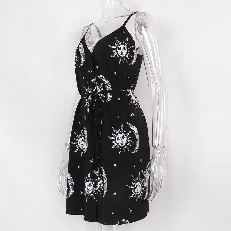 VenusFox Women Black Mini Dress Goth Dark Harajuku Slip Backless Dresses Sun Moon Printed Sundrsses Gothic Clothes Streetwear