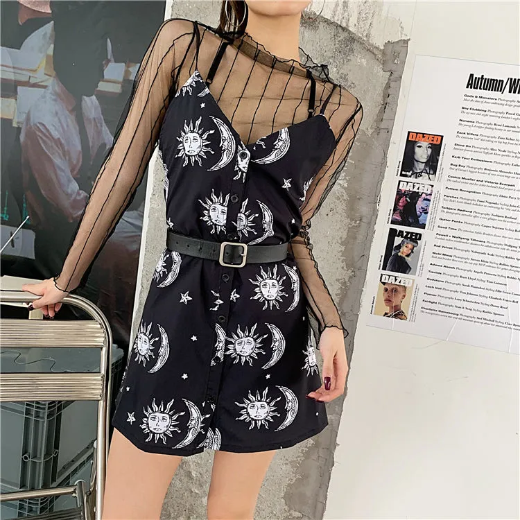 VenusFox Women Black Mini Dress Goth Dark Harajuku Slip Backless Dresses Sun Moon Printed Sundrsses Gothic Clothes Streetwear