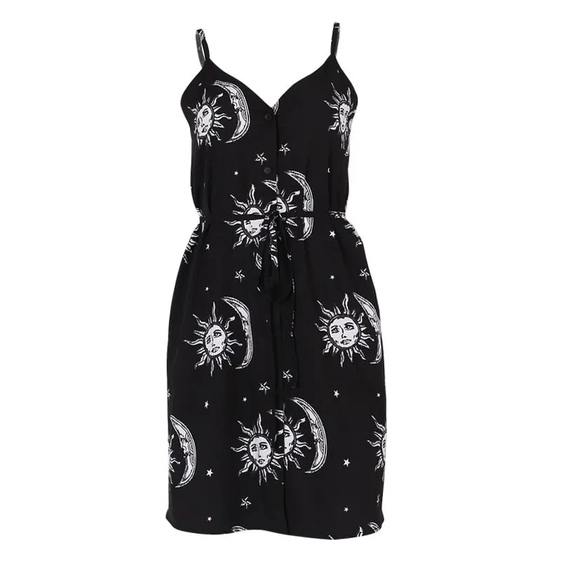 VenusFox Women Black Mini Dress Goth Dark Harajuku Slip Backless Dresses Sun Moon Printed Sundrsses Gothic Clothes Streetwear