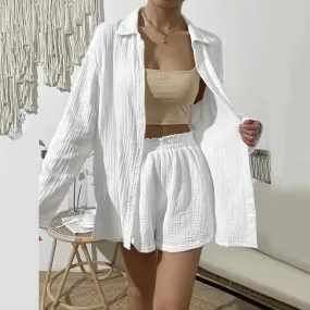 White Casual Long Sleeve V Neck Loungewear Shirt Shorts Holiday Party Streetwear Summer Set